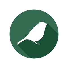 Bird icon with long shadow, white isolated on green background, vector illustration.