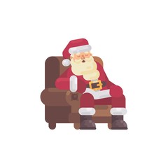 Tired Santa Claus sleeping in an armchair after delivering the presents. Christmas character flat illustration