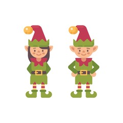 Two cute Christmas elves, male and female. Santa Claus elf flat character illustration