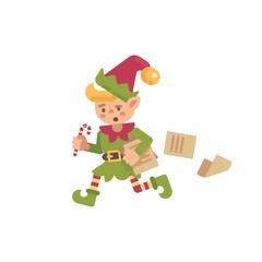 Cute busy Christmas elf running with papers and letters. Santa Claus elf flat holiday character illustration