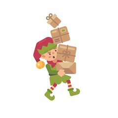 Cute busy Christmas elf carrying parcels with presents for kids. Holiday character flat illustration