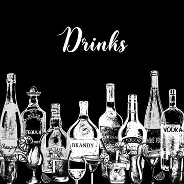 Hand drawn sketch style alcoholic drinks and bottles. Vector illustration.