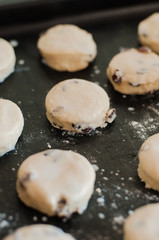 Freshly cut out homemade round scones brushed with heavy cream, made from dough with butter, white wheat flour, buttermilk, sugar, baking powder and raisins on black baking foil dusted with flour