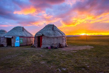 Yurts in sunset, Song Kul, Kyrgyzstan