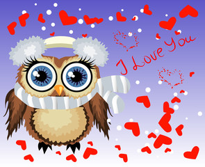 Lovely cartoon brown owl surrounded by hearts says I love you. Love in the air, Saint Valentine, postcard