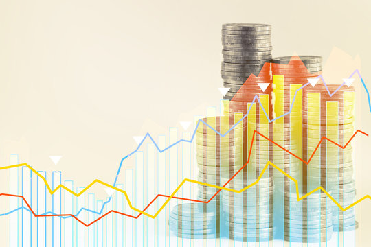 money management business ideas with coin stack money multi exposure with stock graph chart financial