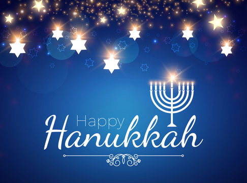 Happy Hanukkah Shining Background with Menorah, David Star and Bokeh Effect. Vector illustration