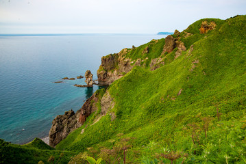 Fototapeta na wymiar 積丹半島、神威岬の夕暮れ前の夏風景、リアス式海岸、緑の低木と厳しい崖