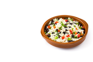 Fototapeta na wymiar Traditional cuban rice, black beans and peppers isolated on white background. Moros y cristianos.