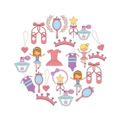 ballet set of dancer things girl ballet dress shoes crown vector illustration