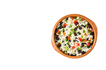 Traditional cuban rice, black beans and peppers isolated on white background top view. Moros y cristianos.
