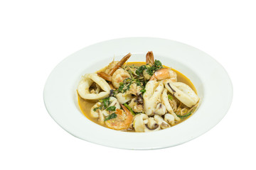fried squid basil in white plate