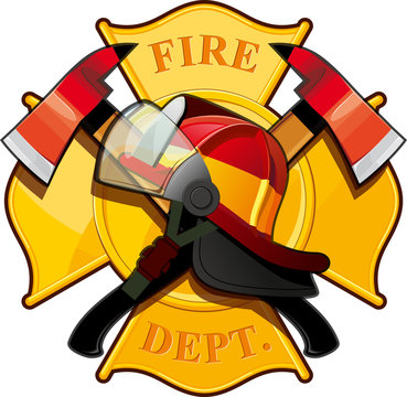 fire department badge with crossed axes, fire helmet against the yellow Maltese cross