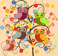 Bright cute cartoon owls sit on the flowering branches of fantastic trees