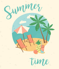 Summer vacation illustration. Flat cartoon retro style.