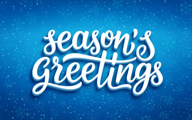 Seasons greetings lettering on blue blurry vector background with sparkles. Greeting card design template with 3D typography label © aerial333