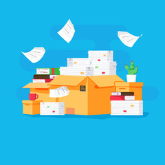 Pile of paper documents and file folders. Carton boxes. Bureaucracy, paperwork, office. Vector illustration