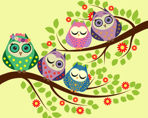 Bright cute cartoon owls sit on the flowering branches of fantastic trees