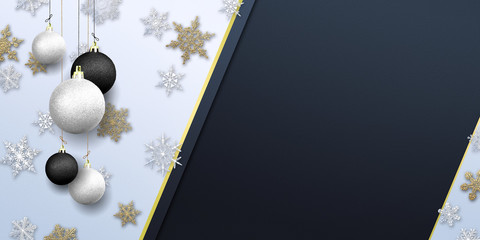 Merry Christmas - banner with gold glitter nad snow snowflakes with baubles ( xmas , holiday , new year )