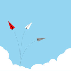 Vector of paper red airplane with white airplane, leadership, teamwork concept.