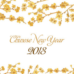 Hand-drawn watercolor illustration of the flowers isolated on the white background. Chinese New Year 2018. Greeting template