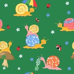 Colorful cartoon snails play in the meadow. Seamless background, texture. Pattern textiles, packaging, paper - 182871090