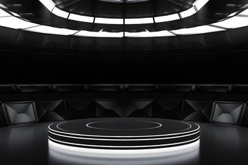 Futuristic empty stage in dark. Modern Future background technology Sci-fi interior concept. 3d rendering