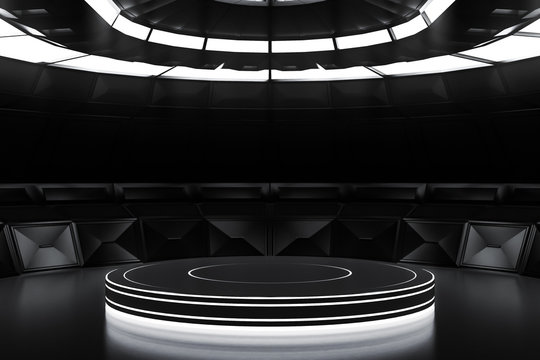 Futuristic Empty Stage In Dark. Modern Future Background Technology Sci-fi Interior Concept. 3d Rendering