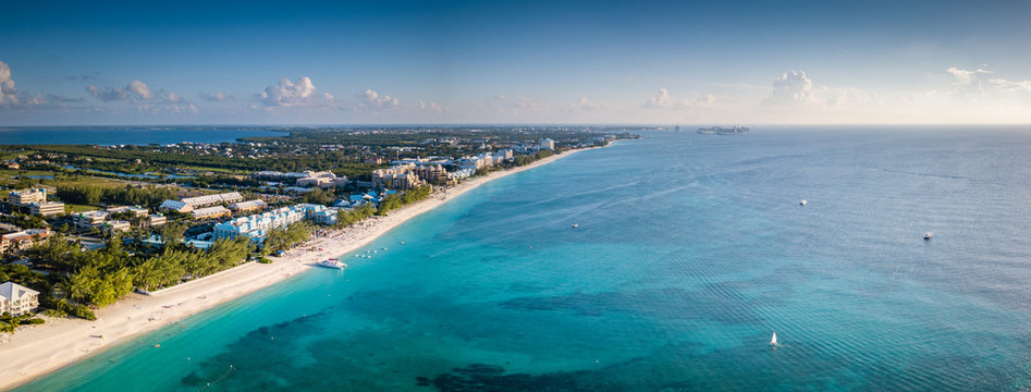 Panoramic Landscape Aerial View Of The Tropical Paradise Of The Cayman Islands In The Caribbean Sea