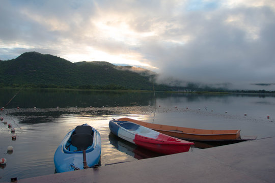 Lake view with canue in morning