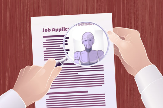 Hiring a Robot For a Job Position. Vector illustration on the theme of Technological Displacement of Jobs / Robotization.