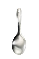 Stainless ladle / Old stainless ladle on white background. Top view.