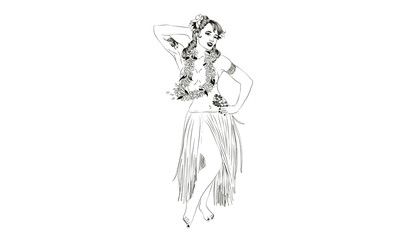 Concept of retro woman woman dancing in Hawaiian dress. Vintage hula girl dancing on the beach
