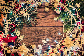 Xmas Christmas and newvyear concept with arrange of decorating items on wooden top with free copy space for your creativity ideas text selective focused at wooden background