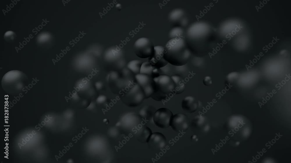 Poster Abstract 3d rendering of chaotic spheres. Computer generated flying particles in empty space. Futuristic background design with bokeh, depth of field effect. 4k UHD