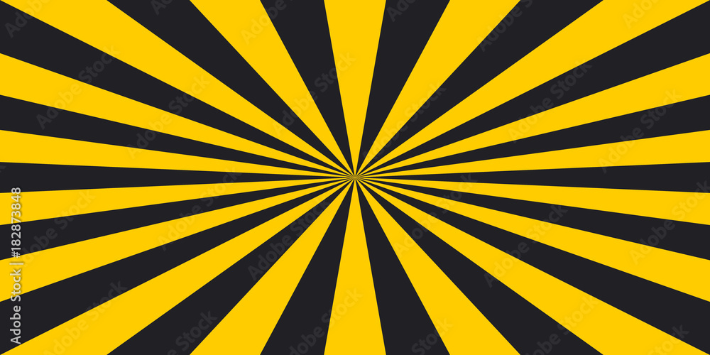 Poster stripe rays safety warning dangerous pop art style background, vector sign yellow and black rays, gl