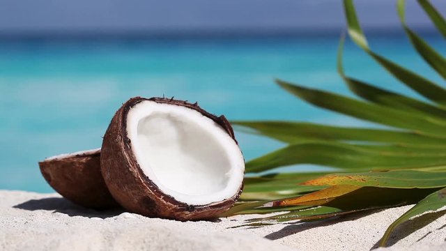 Two halfs of cracked brown coconut on white sandy beach with turquoise sea background, closeup