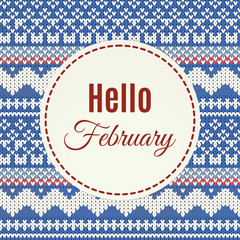 Hello February lettering on knitted background