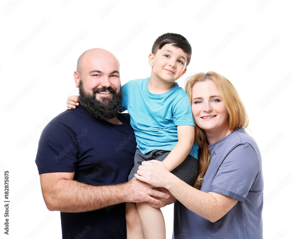 Wall mural overweight couple with son on white background