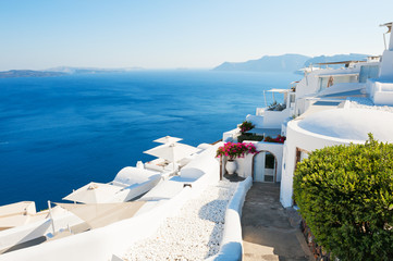 White architecture on Santorini island, Greece. Beautiful summer landscape, sea view.