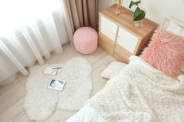 Modern bedroom interior with soft white carpet