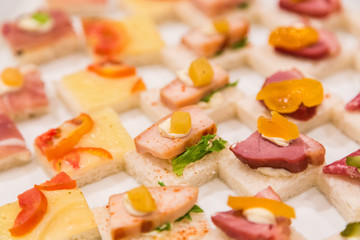 Cocktail snack with variety of ham sandwich for wedding party.