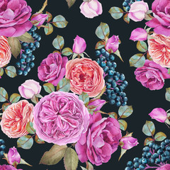 Floral seamless pattern with watercolor roses and black rowan berries. Background with bouquets of hand drawn watercolor flowers