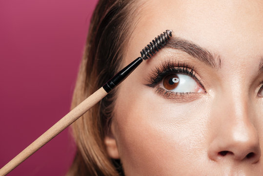 Cropped photo of young lady paint eyebrow with brush isolated