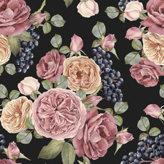Floral seamless pattern with watercolor roses and black rowan berries. Background with bouquets of hand drawn watercolor flowers