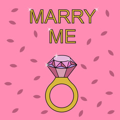 Flat simple image with wedding rings, sparkles on pink background. Vector illustration of wedding card with text "merry me". Gold ring with a diamond for a wedding celebration