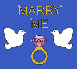Flat simple image with wedding rings, pigeons, sparkles on blue background. Vector illustration of wedding card with text "merry me". Gold ring with a diamond for a wedding celebration