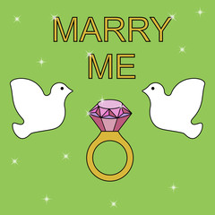 Flat simple image with wedding rings, pigeons, sparkles on greenbackground. Vector illustration of wedding card with text "merry me". Gold ring with a diamond for a wedding celebration