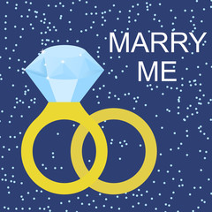 Flat simple image with wedding rings, pigeons, snowflakes, sparkles on blue background. Vector illustration of wedding card with text "merry me". Gold rings with a diamond for a wedding celebration
