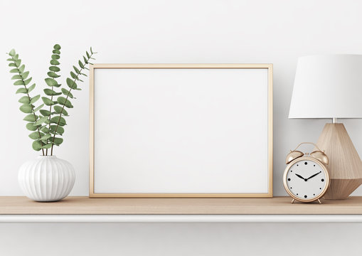 Home interior poster mock up with horizontal metal frame, plant in vase and lamp on white wall background. 3D rendering.